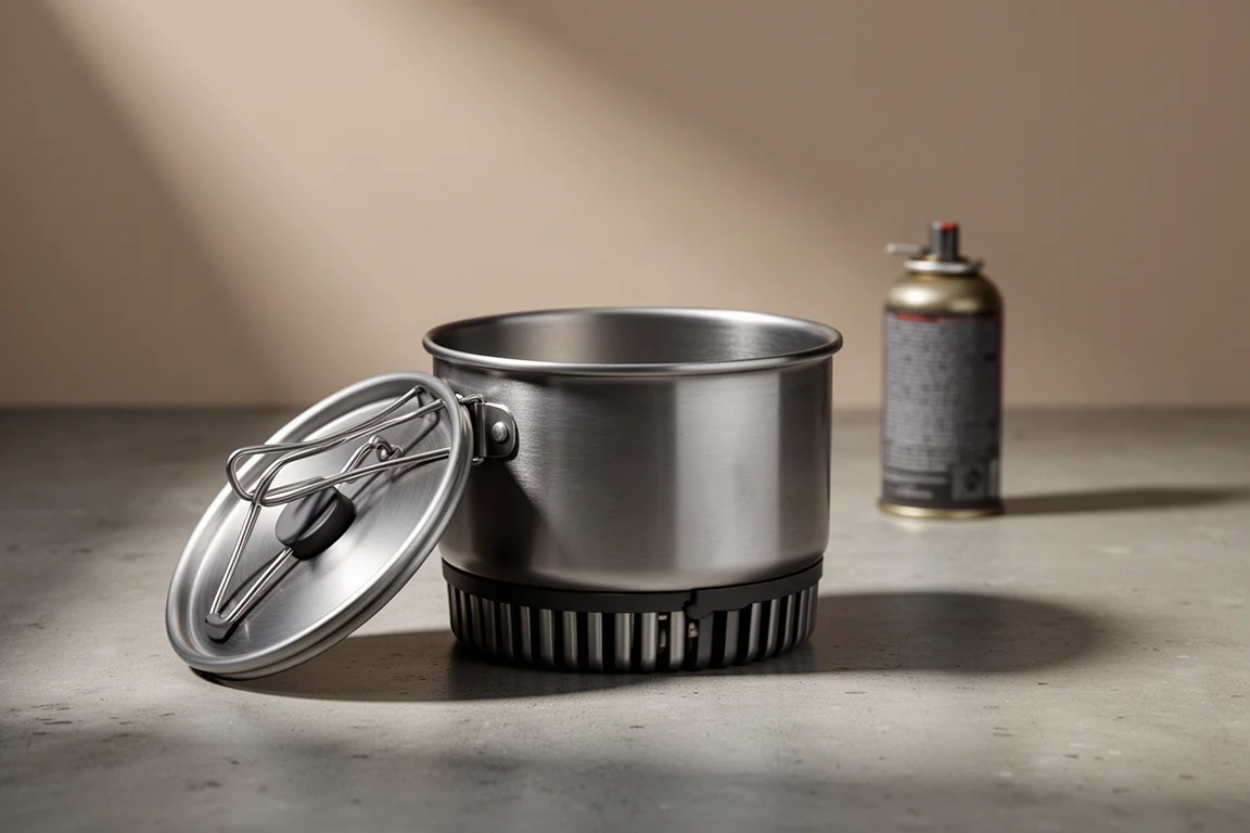 Small aluminum backpacking pot with folding handle, plastic lid and heat exchanger base on concrete