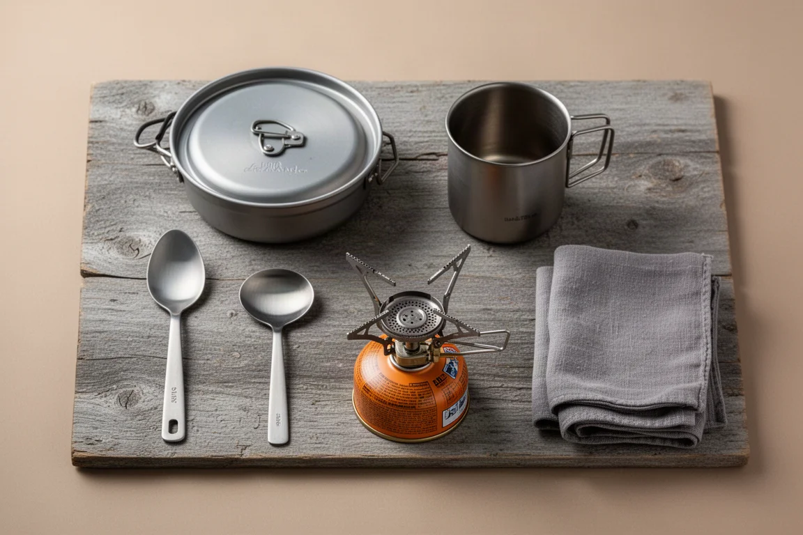 Vista dall'alto di componenti ultraleggeri per cucina da campeggio su legno consumato