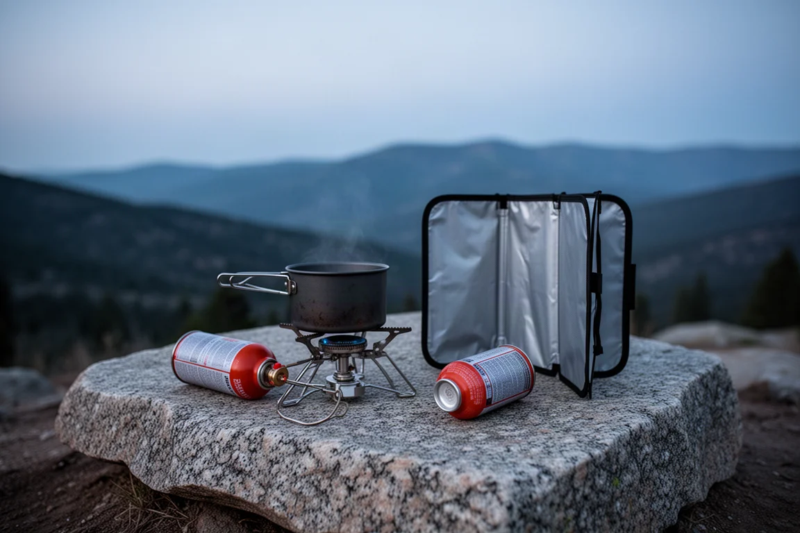 Attrezzatura da cucina in campeggio su una roccia di granito al tramonto con colline sullo sfondo