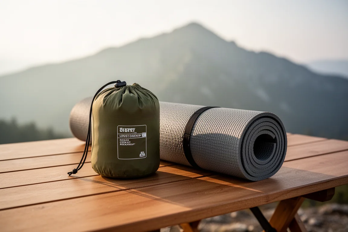 Kit da cucina leggero riposto in una sacca su un tavolo da campeggio in legno