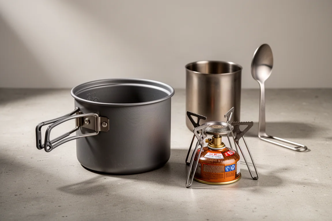 Aluminum camping pot, compact canister stove, titanium mug and long handle spoon on concrete
