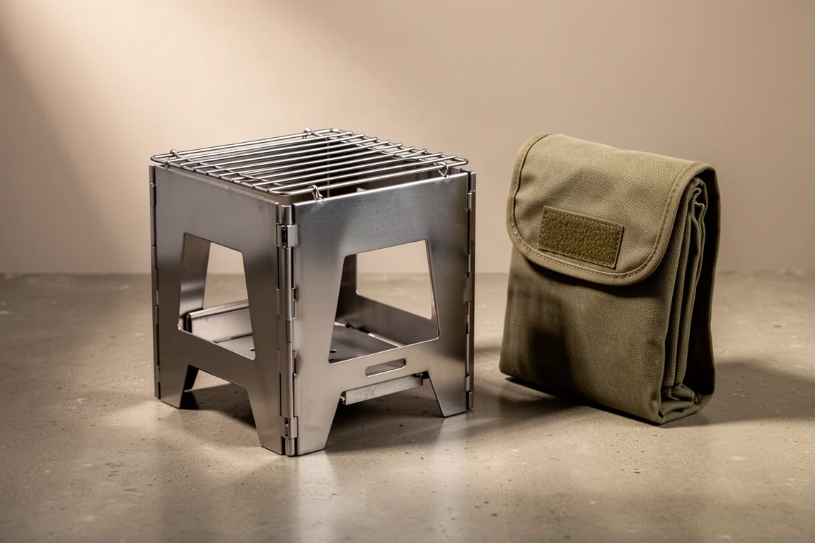Folding stainless steel wood stove beside its olive canvas carry case on concrete