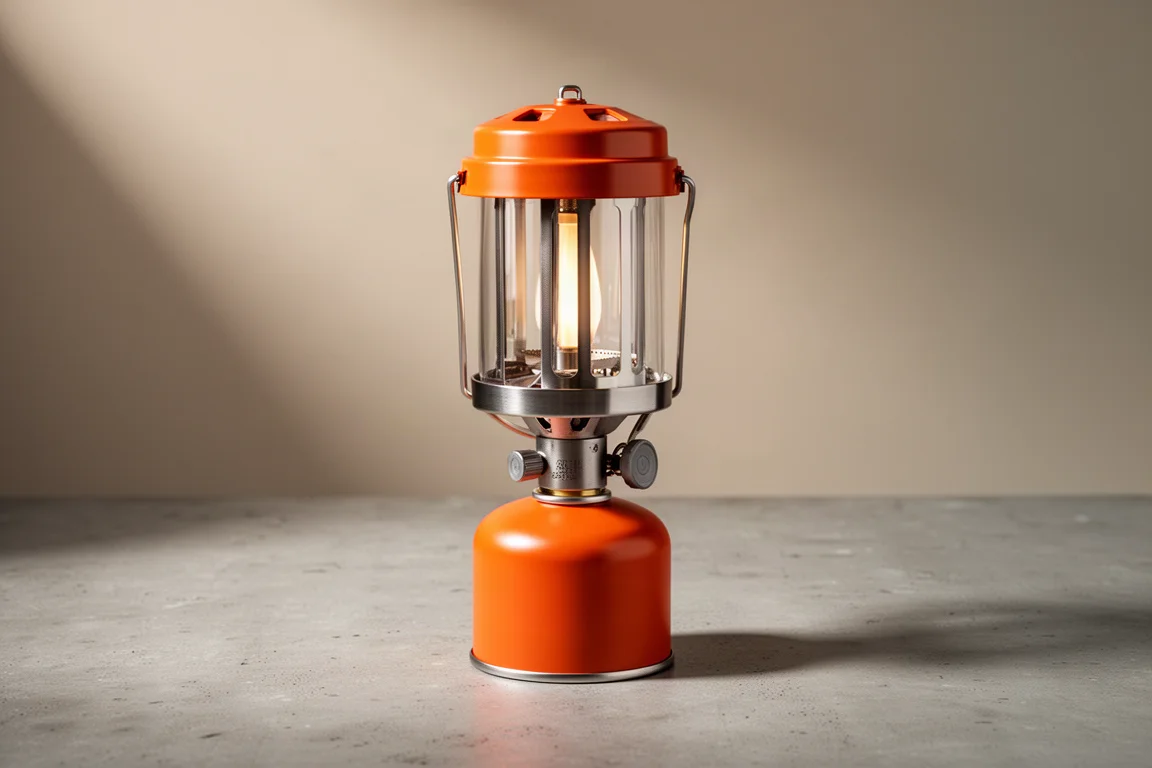 Compact orange gas camping lantern on a fuel canister against a neutral backdrop
