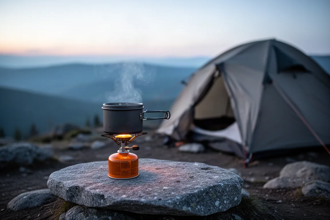Piccolo fornello da backpacking e pentola sistemati accanto a una tenda all'alba