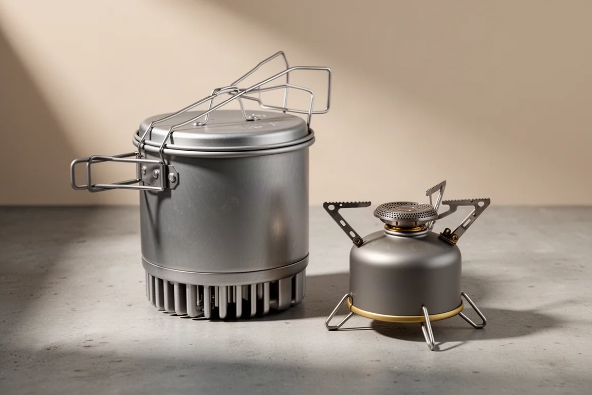 Aluminum heat exchanger pot and compact canister stove on a concrete surface