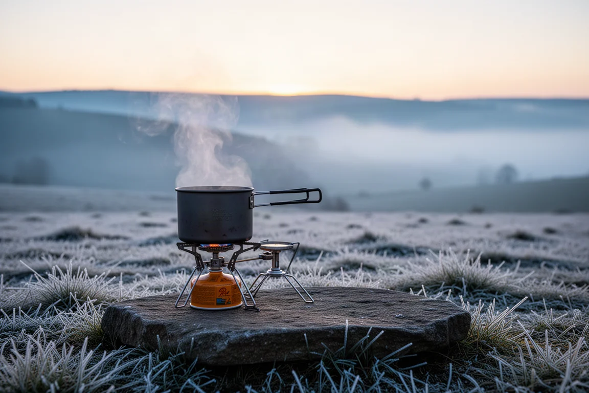 Steam rising from a small camping pot on a frosty morning in the hills