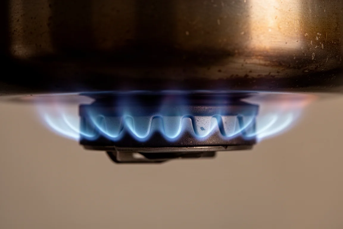 Close-up of a blue gas flame ring beneath a pot base with a shaped groove