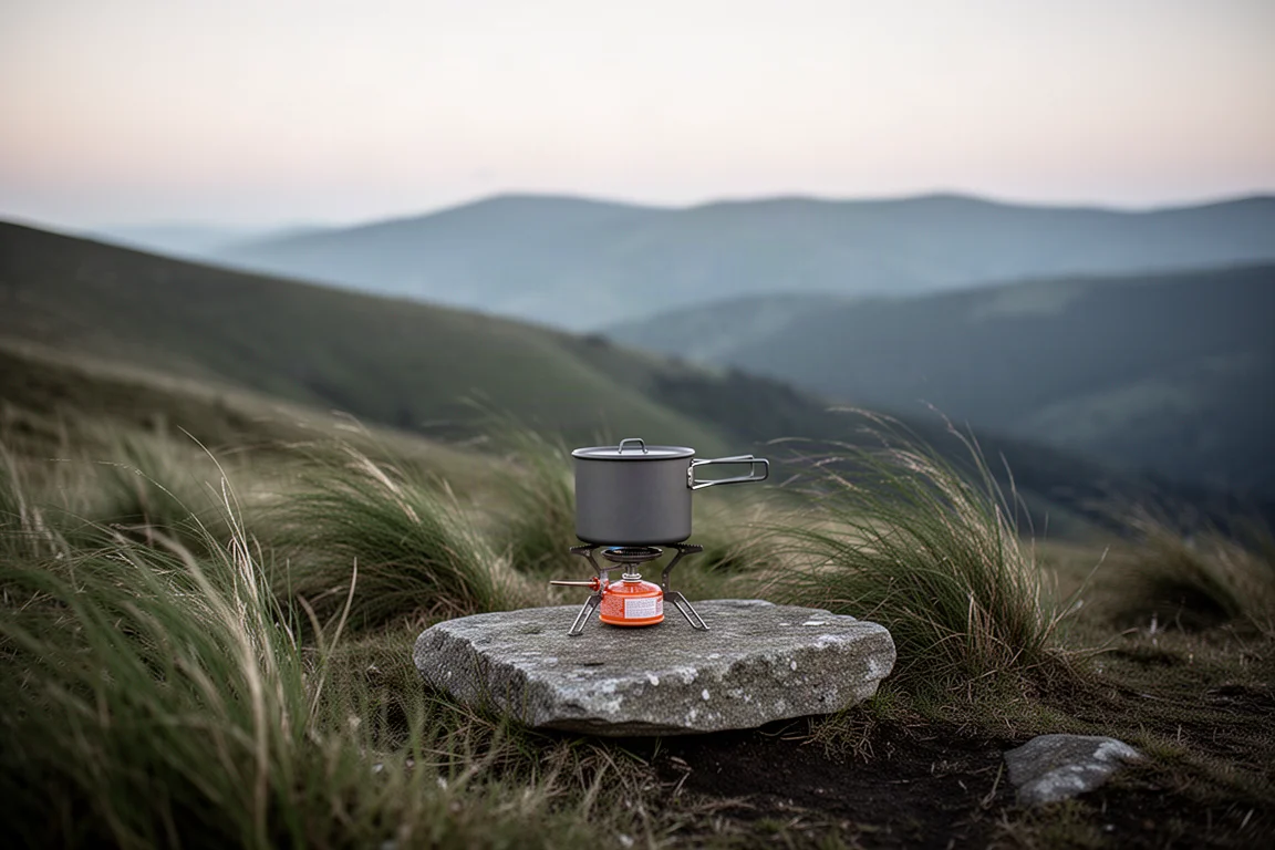 Camp stove sheltered behind a stone on a windswept hillside at dusk