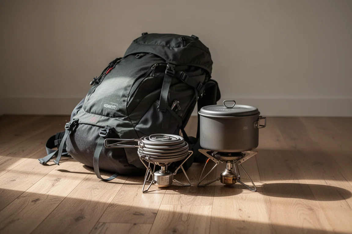 Packed camping cook kit beside an open rucksack in morning light