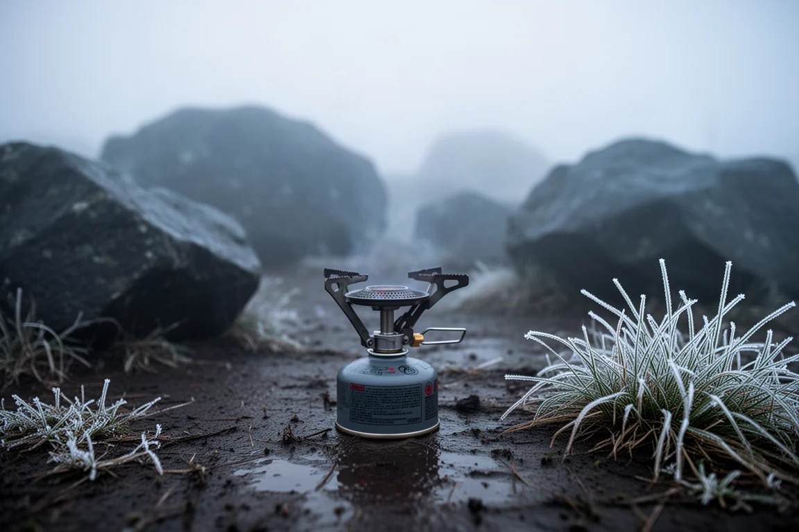 Kit de cocina para mochileros montado sobre una roca en un camping con luz de atardecer