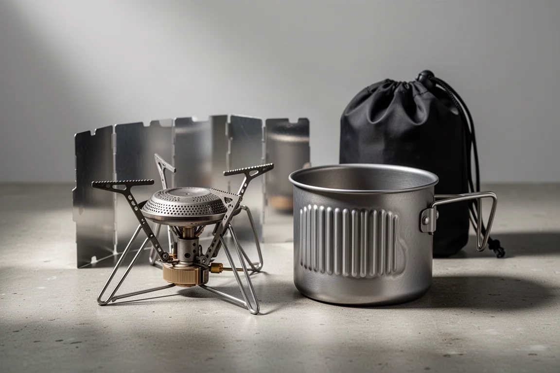 Titanium camping stove and small aluminum pot with heat spreader fins on a concrete surface