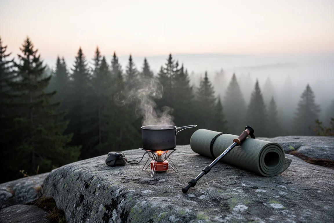 Popote compacte de camping fumante sur un rebord de granite à l'aube, avec forêt de pins et brume en arrière-plan