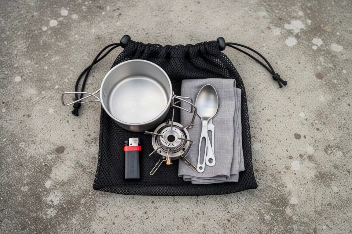 Emplacement de camping sur une crête alpine exposée au vent fort, avec de la vapeur soufflant latéralement d'une petite popote