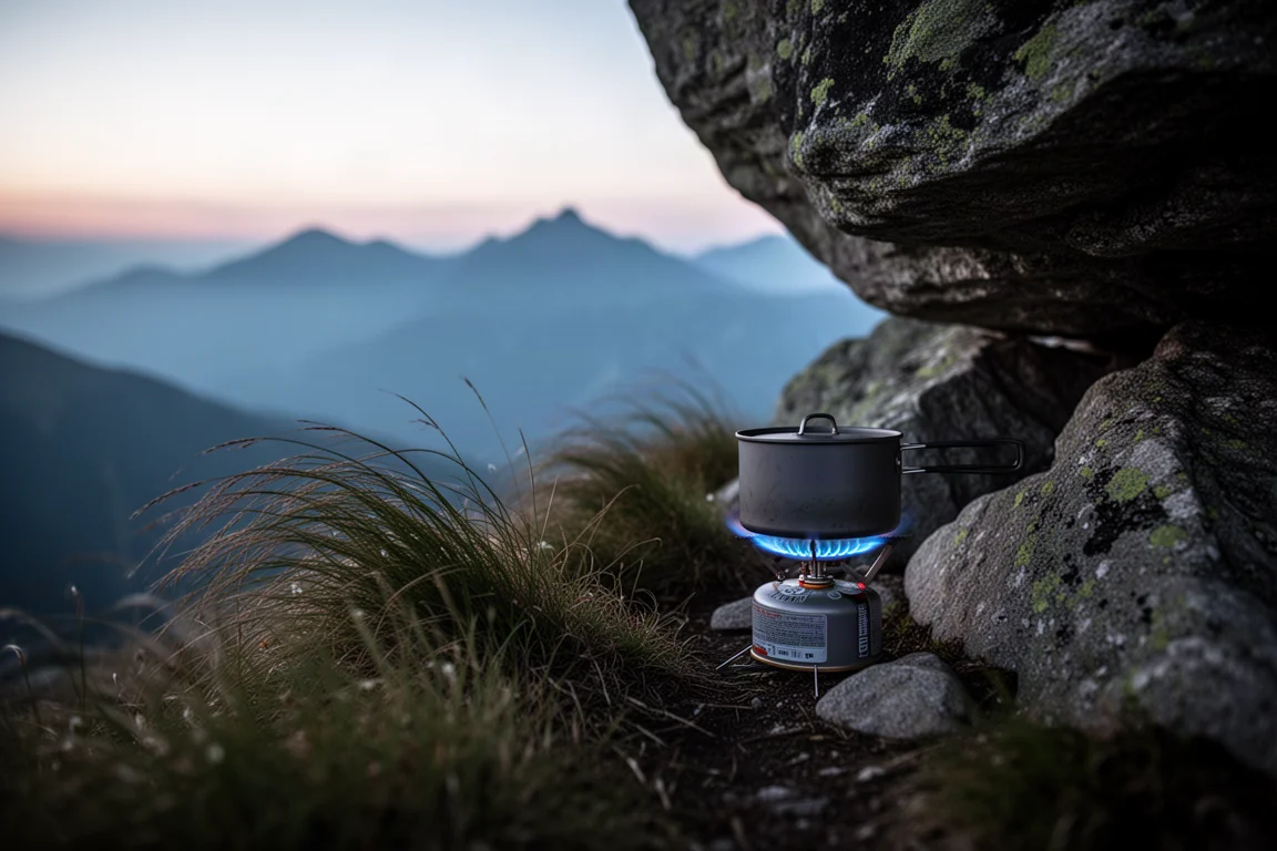 Vue à plat d'un kit de cuisine de camping compact disposé sur une surface en béton clair