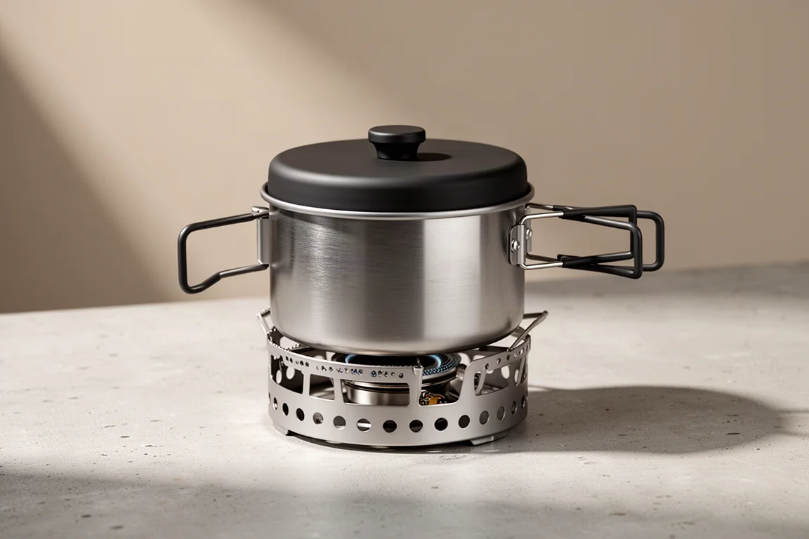 Integrated camping pot and burner unit on a pale concrete surface