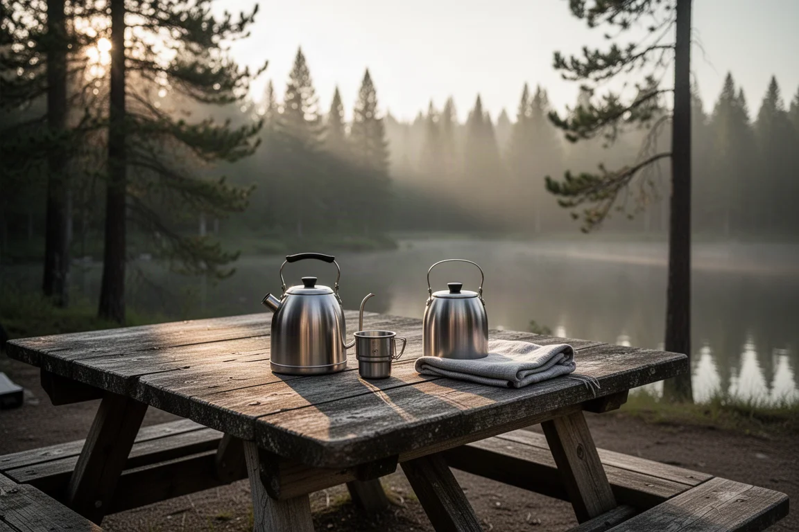Kampeerkombuis-scène met een brede camp stove en een grote koekenpan op een kampeerplaats aan een meer