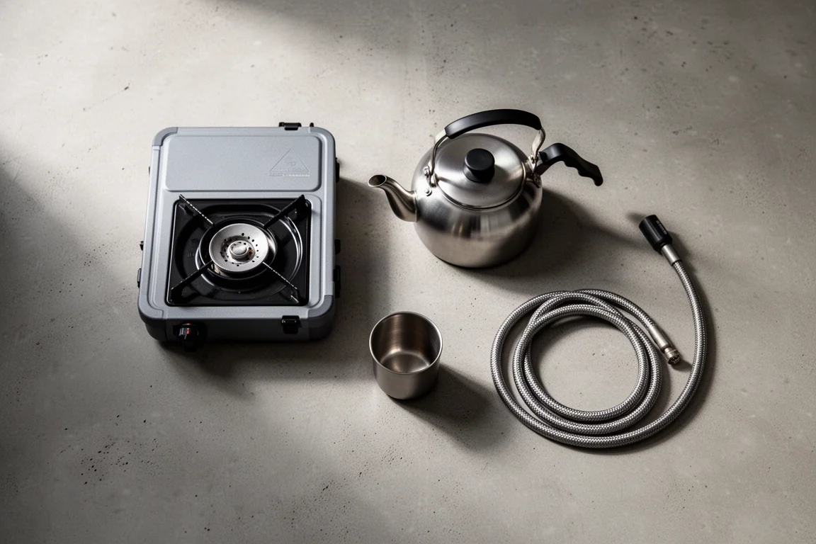 Water dat kookt in een kleine ketel op een camp stove met zichtbare vlammenring