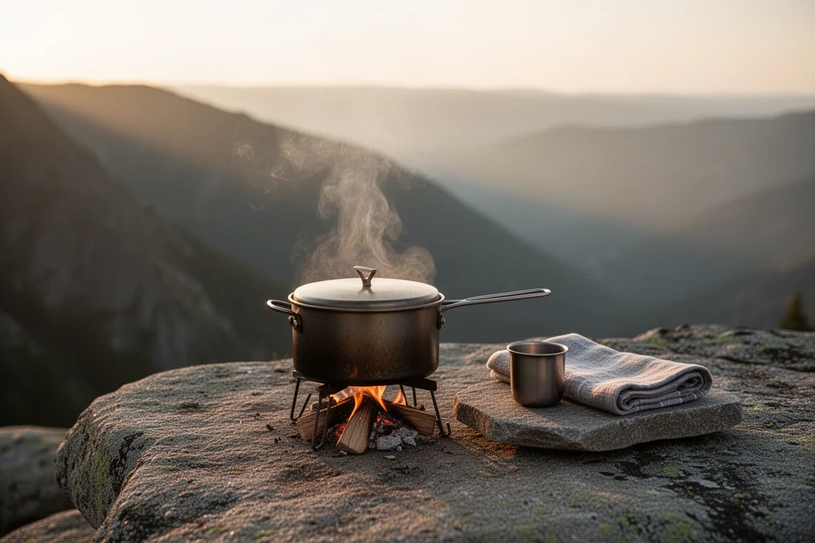 Ingepakte camp stove-hoes en accessoires uitgestald op een houten tafel