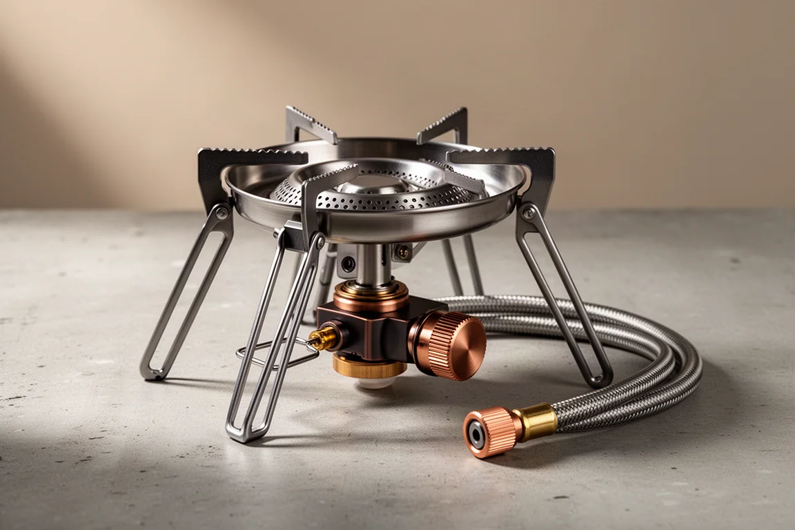 Compact camping stove with folding legs, pot supports and a coiled gas hose on concrete