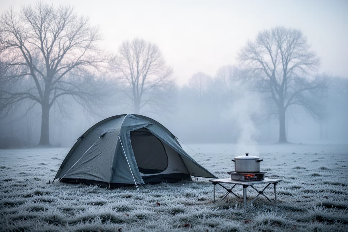 Frosted campsite at dawn with a tent, steam rising from a pot, and bare trees