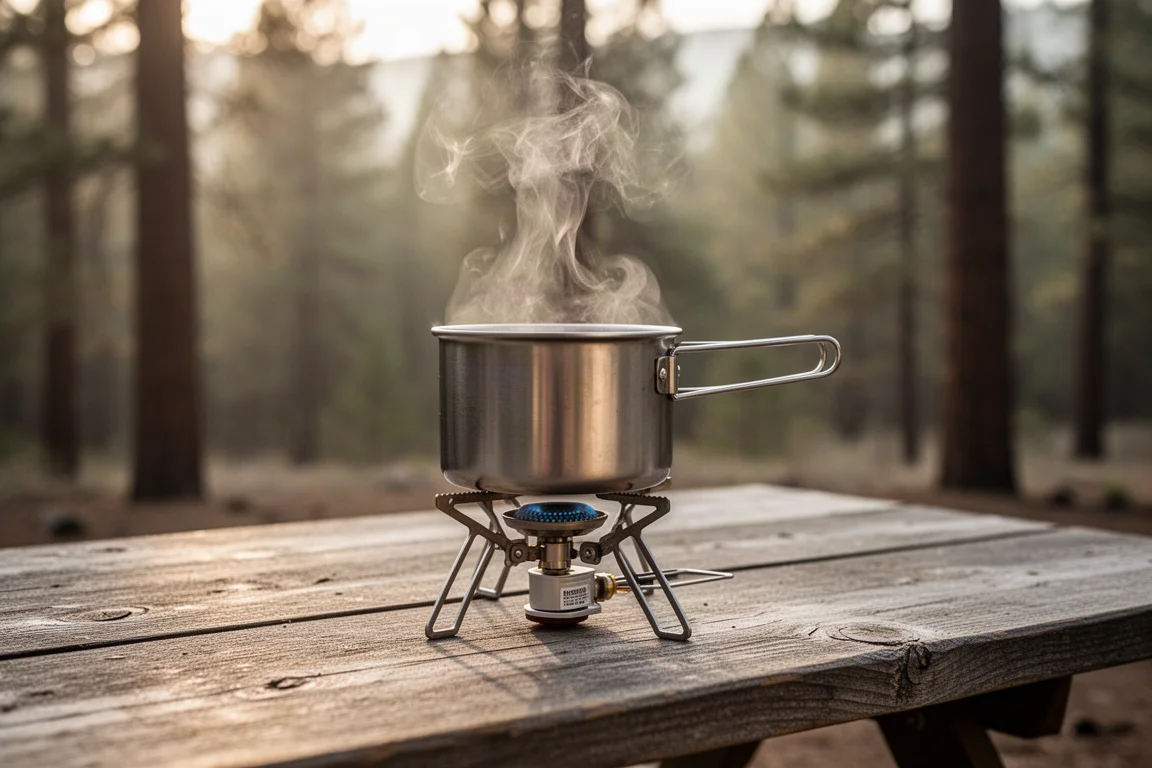Steam rising from a small pot on a compact camping burner on a wooden table