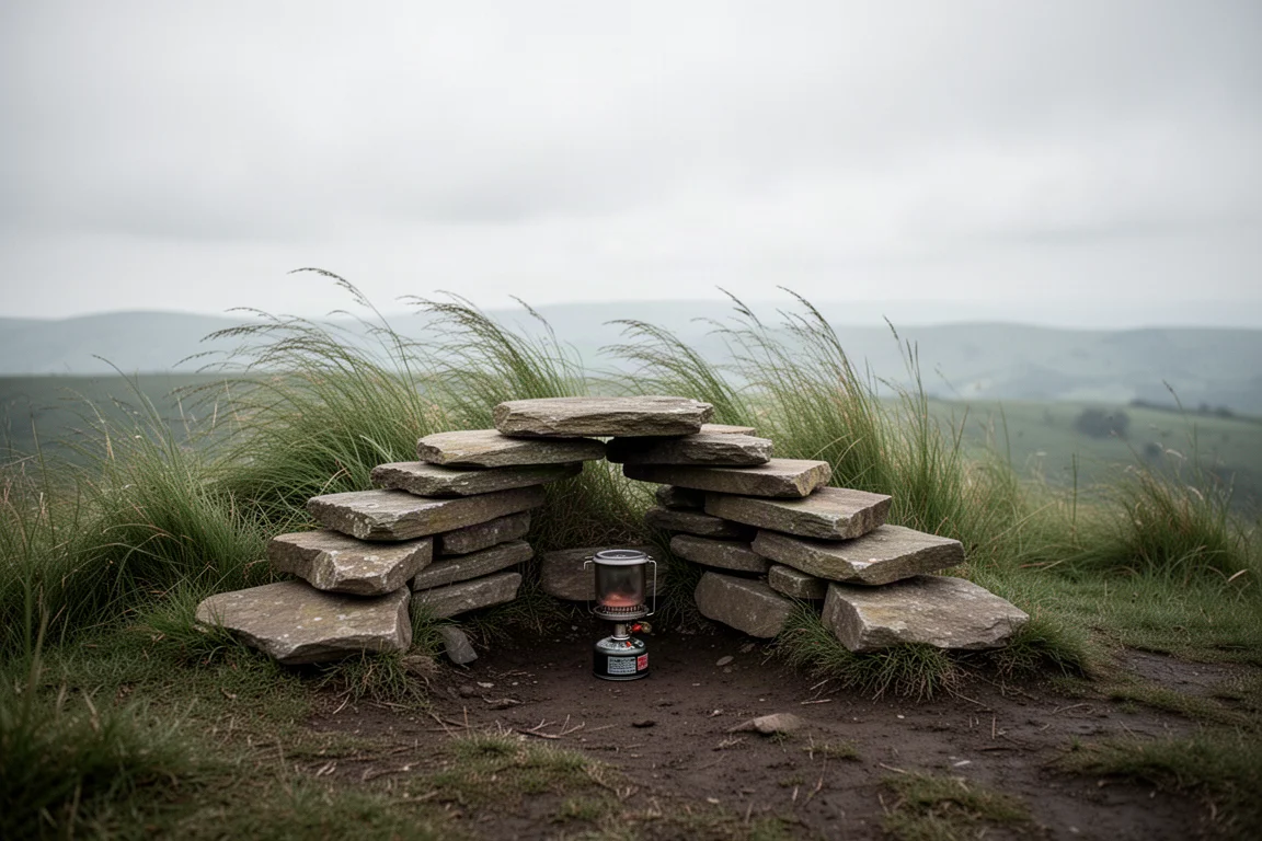 Exposed ridge campsite with rocks stacked as a windbreak around a small burner