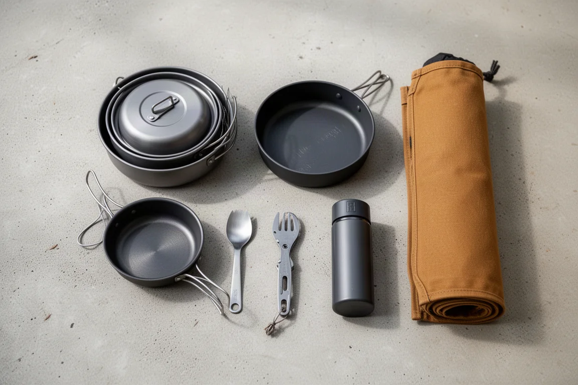 Flat-lay of camping cookware and stove accessories arranged on concrete