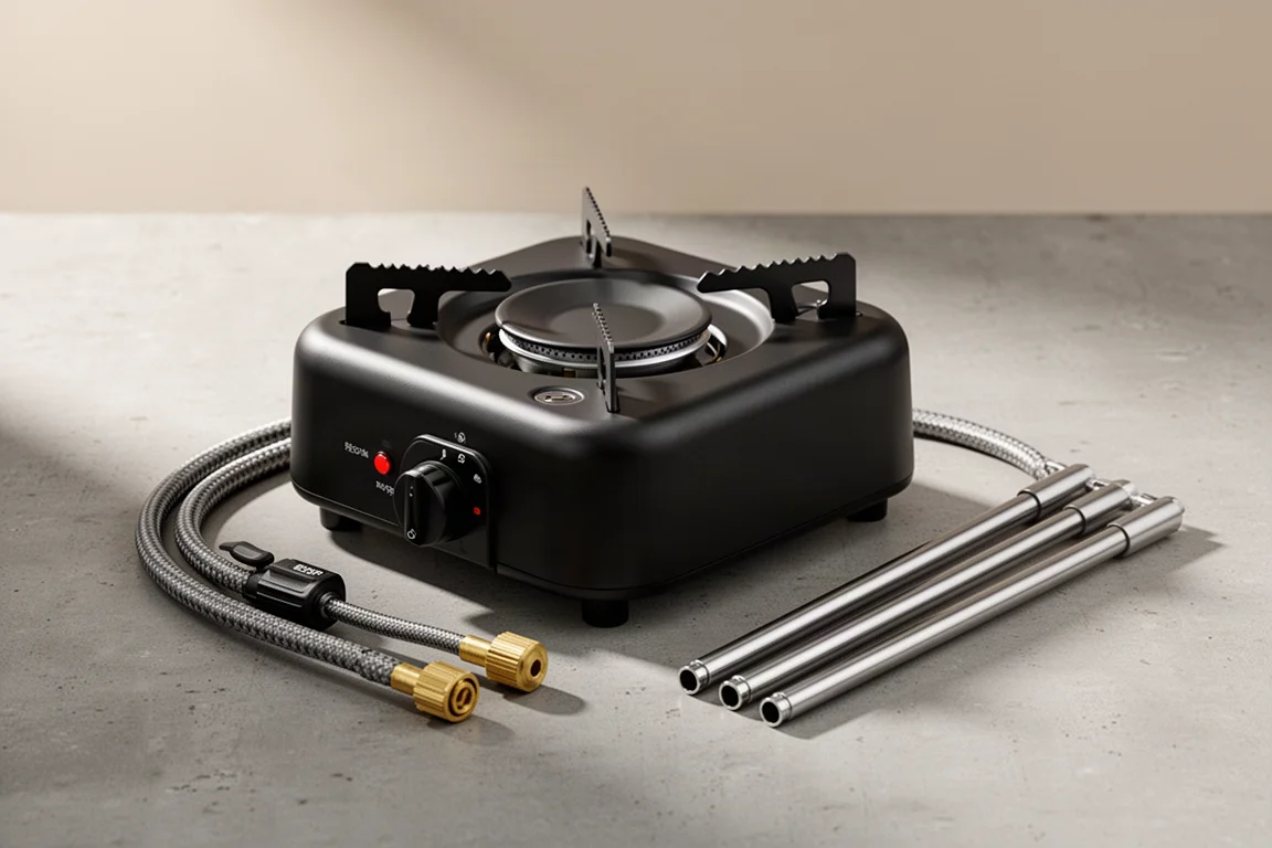 Black compact camping stove with pot supports, fuel hose, and three telescoping legs on concrete