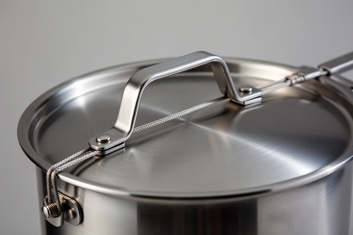 Primer plano de la tapa de una olla de acero inoxidable con asa plegable y orificio de vapor