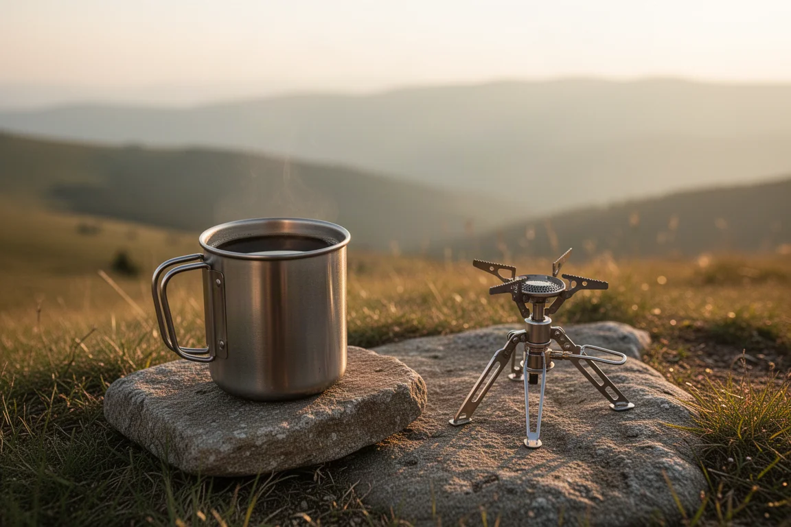 Vista cenital de equipo de cocina compacto de camping sobre una superficie de pizarra