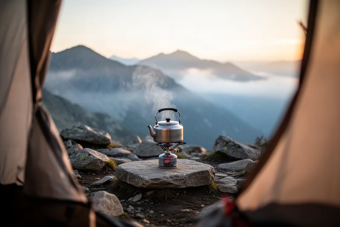 Vista superior de um kit compacto de fogareiro de camping sobre uma mesa de acampamento de madeira desgastada