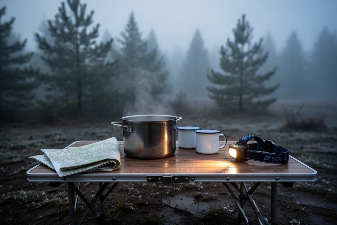 Kit de fogareiro de camping guardado em um saco de malha ao lado de um cartucho de combustível e uma mochila aberta