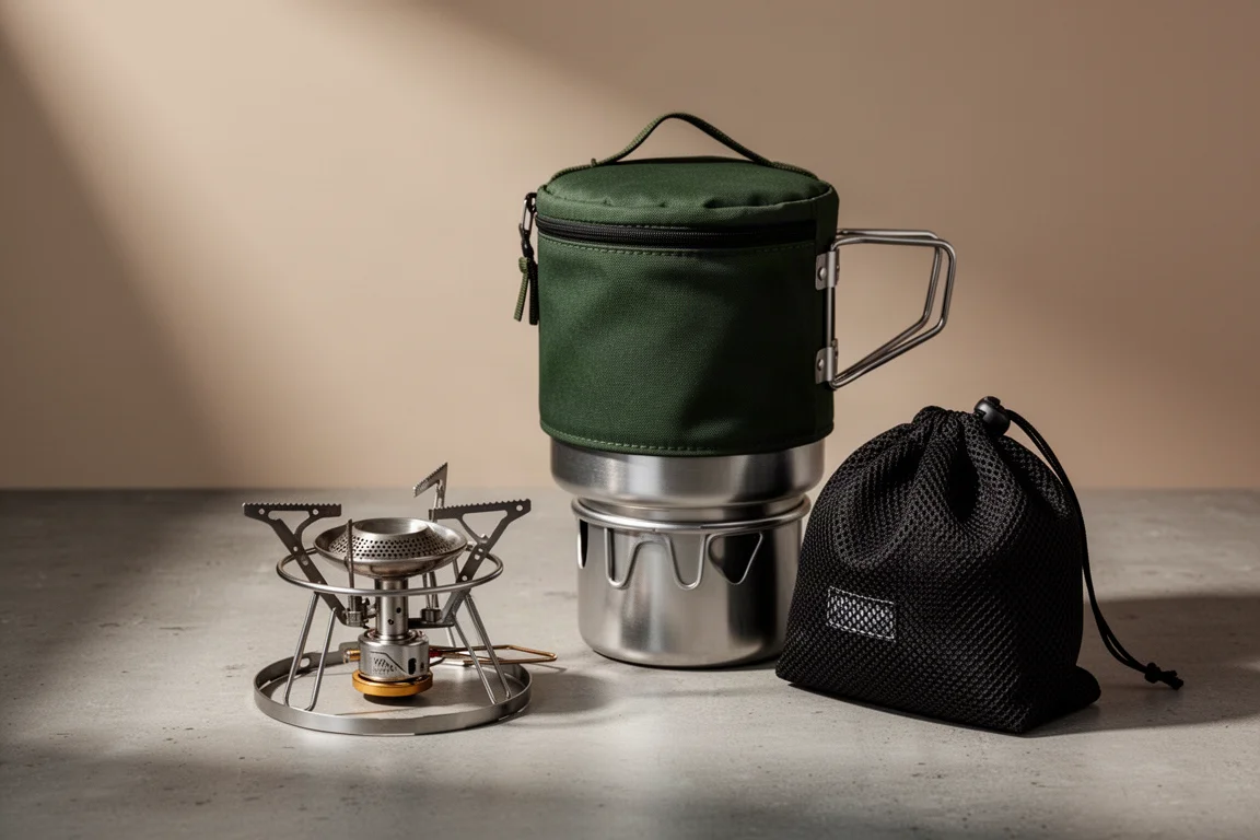 Integrated canister camping stove kit with one-litre pot and burner on concrete surface