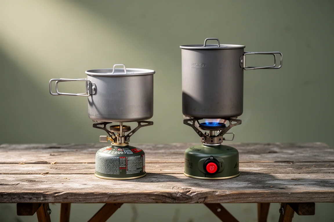 Two integrated canister camping stove systems with pots arranged on a wooden camp table