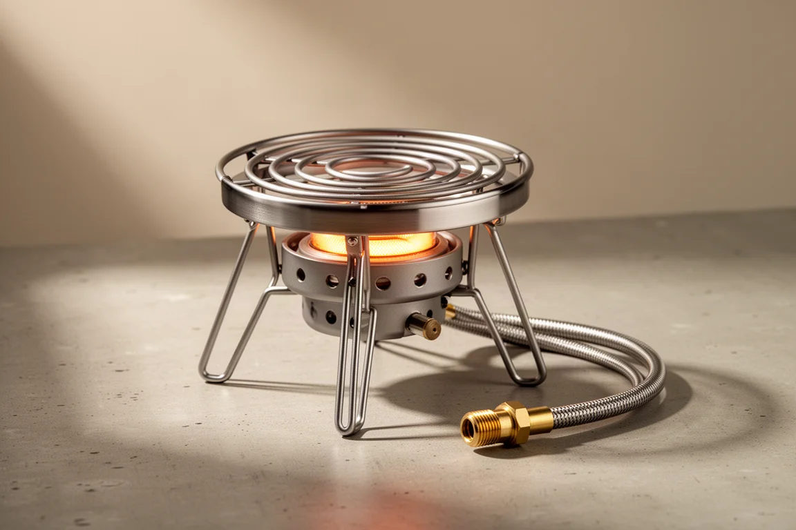 Compact dual-purpose camping stove with grill grate, folding legs, and fuel hose on concrete