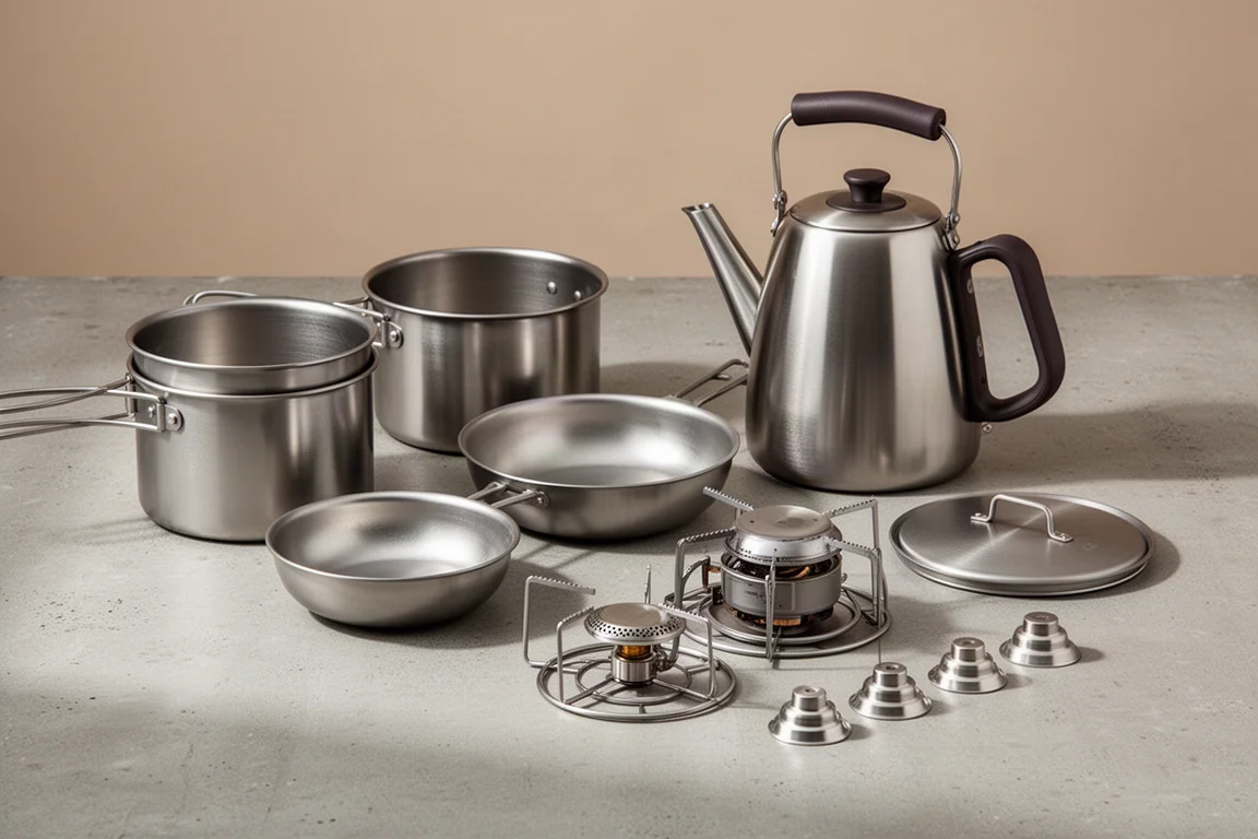 Complete camping cook set with pots, frying pan, kettle and canister stove on concrete