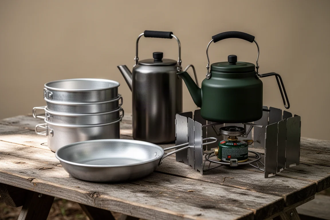 Complete camp cook kit with nested pots, frying pan, kettle, and stove on a wooden table