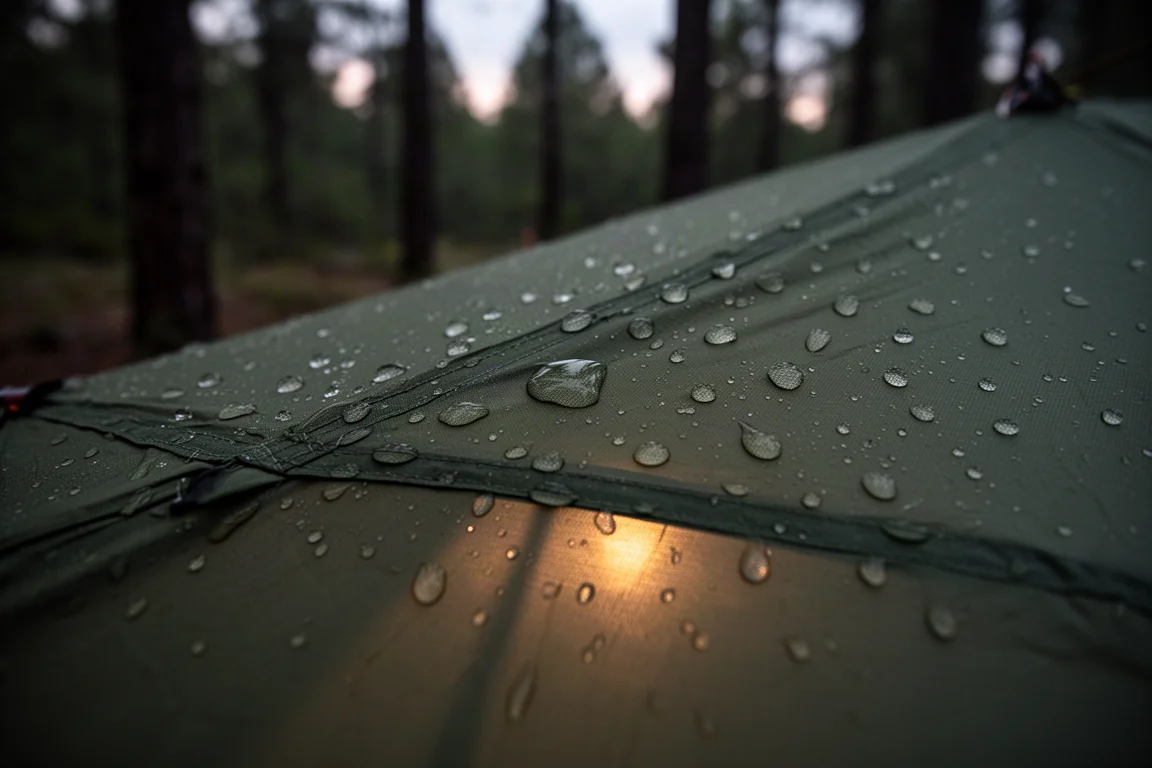 激しい雨の中で灰色のシルナイロン製フライシートを流れる雨水