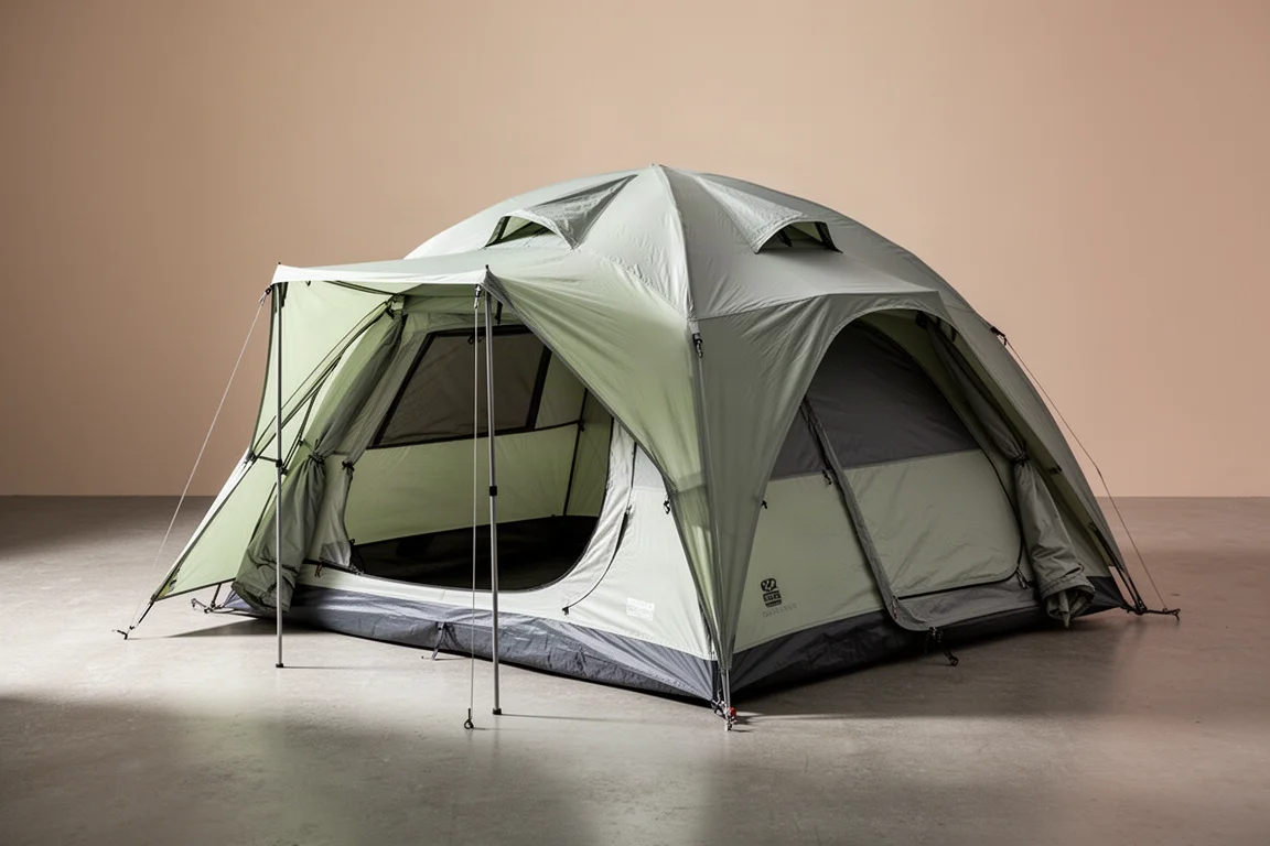 Lightweight two-person backpacking tent pitched on wet grass at dawn after rain