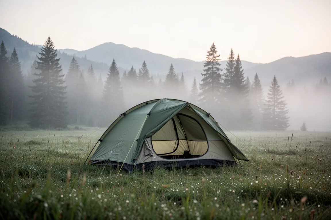 Tvåpersonstält uppsatt på en skogs campingplats i skymningen med två liggunderlag synliga inuti