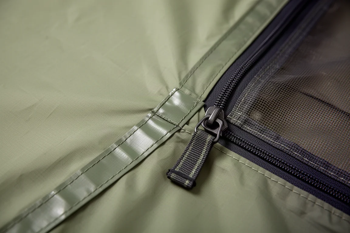 Makrodetalj av ripstop-nylon i tälttyg och sydd söm