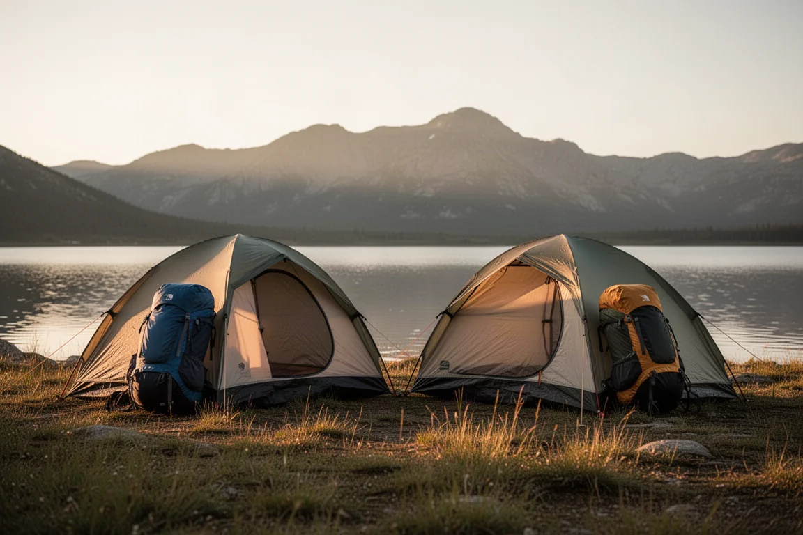 Tvåpersonstält vid en sjöcampingplats i gyllene timmen med ett skärmtak format av vandringsstavar