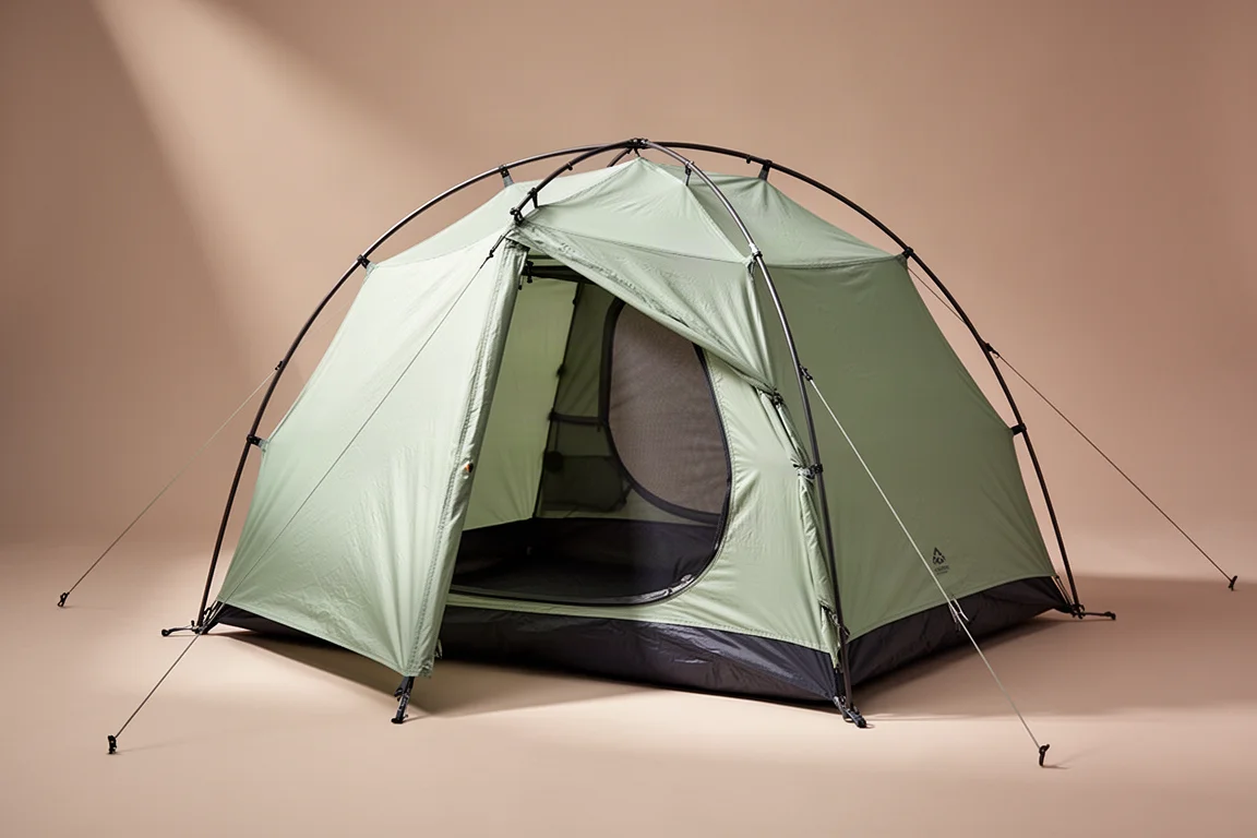 Two-person three-season backpacking tent pitched on a neutral grey studio backdrop