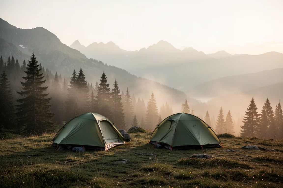 Zwei flache Trekkingzelte auf einem nebelverhangenen alpinen Grat bei Sonnenaufgang