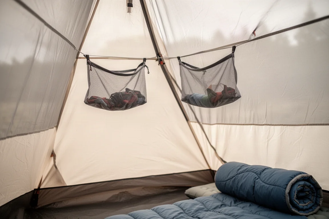 Innenansicht eines Trekkingzelts mit Meshdach und Gepäcktaschen unter der Decke