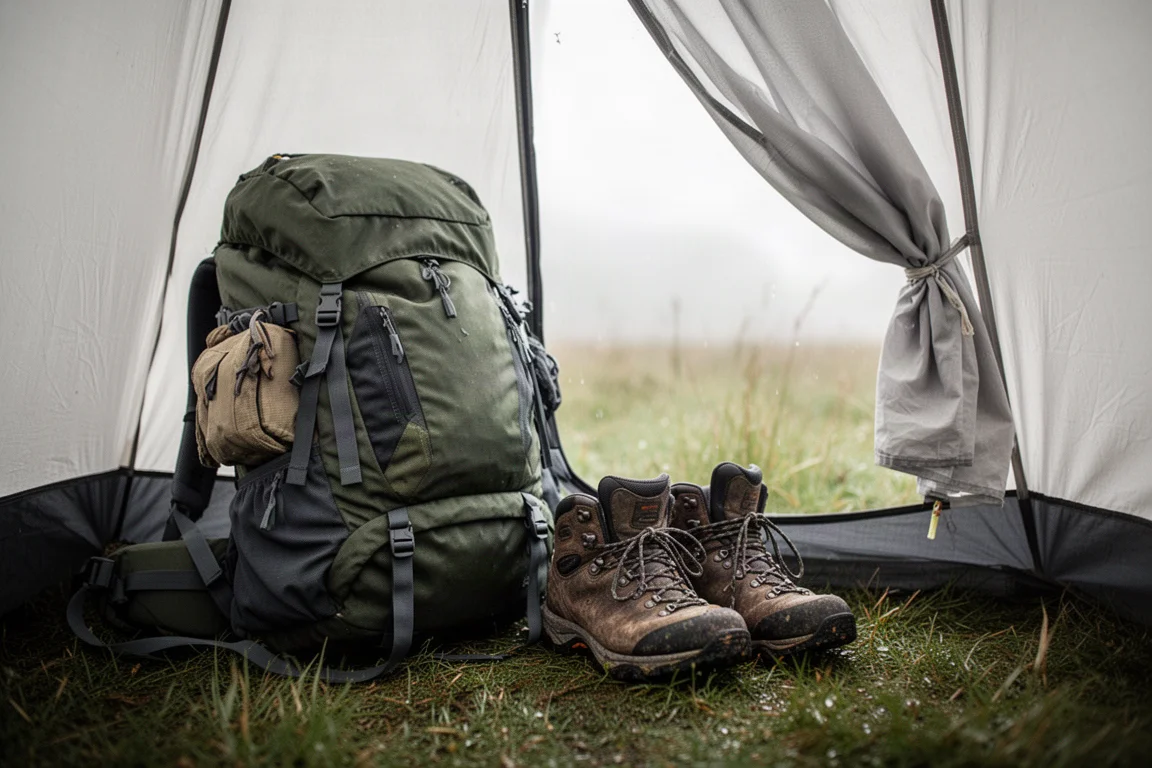 Beladener Wanderrucksack und Wanderschuhe in einem Zeltvorraum bei zurückgerollter Tür