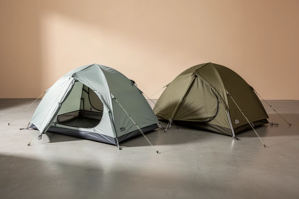 Two lightweight backpacking tents pitched side by side on a matte concrete surface