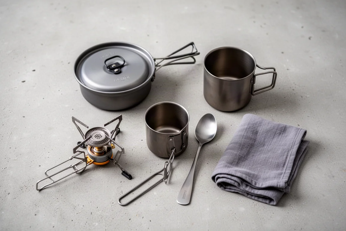 Vue à plat des composants du kit de cuisson ultraléger sur une surface en béton