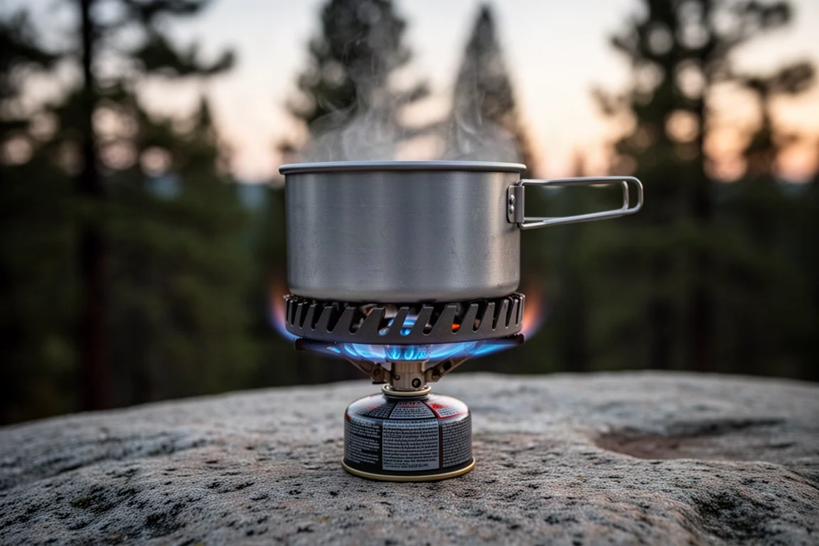 Gros plan sur une base de casserole à ailettes au-dessus d'une flamme bleue de stove au crépuscule