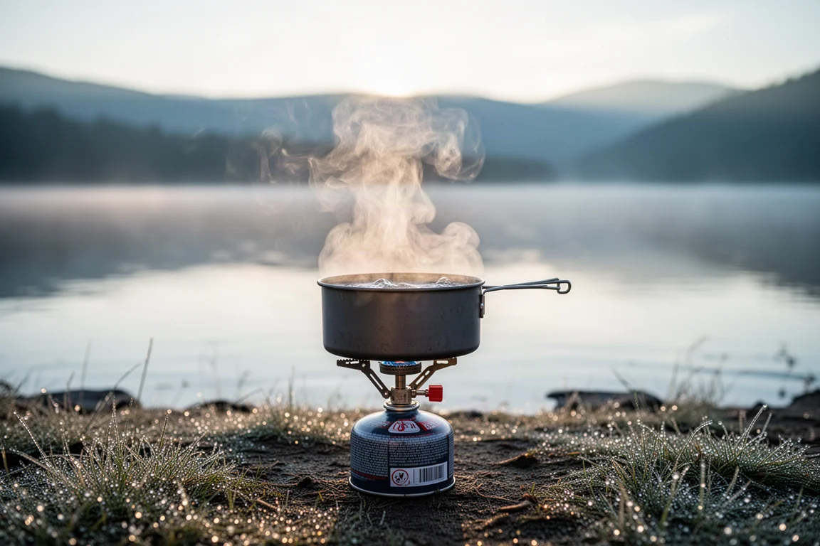 Casserole en ébullition sur une stove à cartouche dans un campement au bord d'un lac, à la lumière du matin